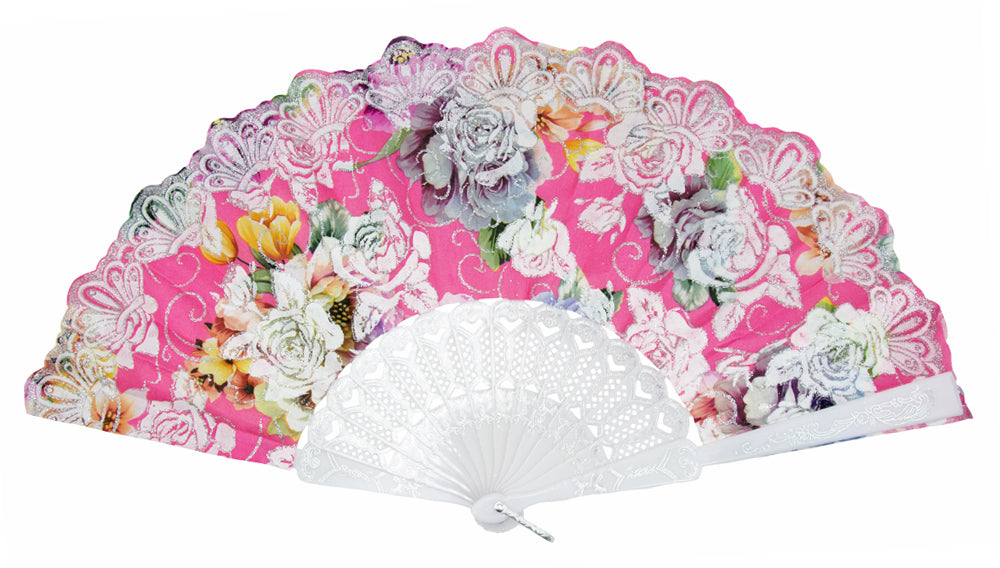 Glitzer Handfächer mit Rosen - Weiß / Rosa