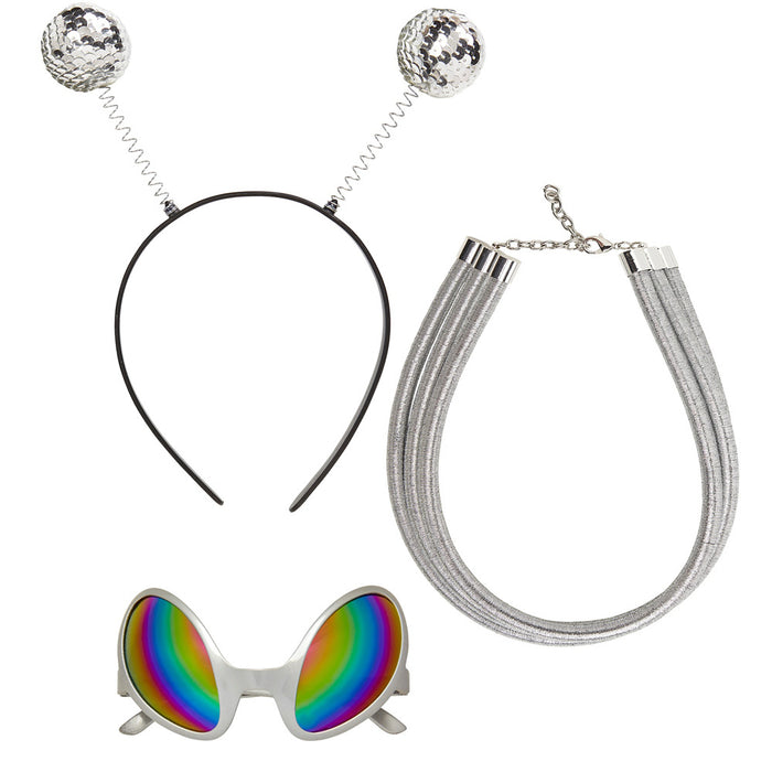 Space Kostüm Set "Alien" - Silber 68598 | Glitzer Haarreif Brille