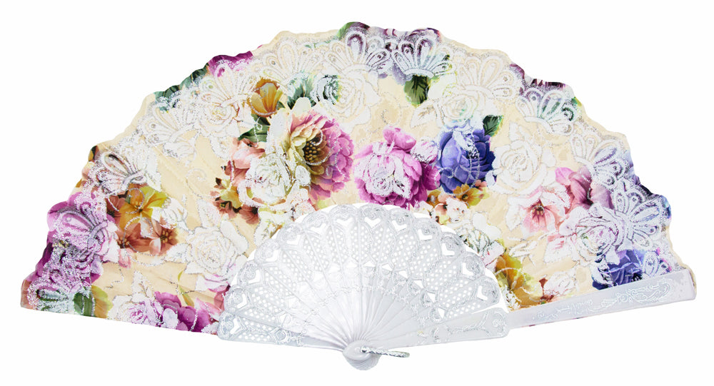 Glitzer Handfächer mit Rosen - Weiß / Bunt
