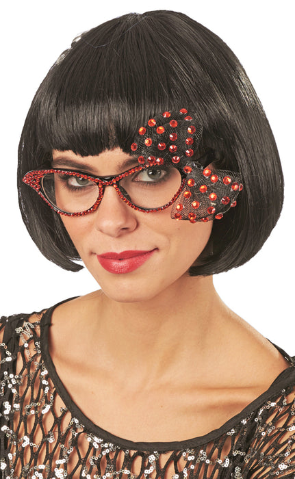 Cat Eye Brille mit Strass und Schleife - Rot