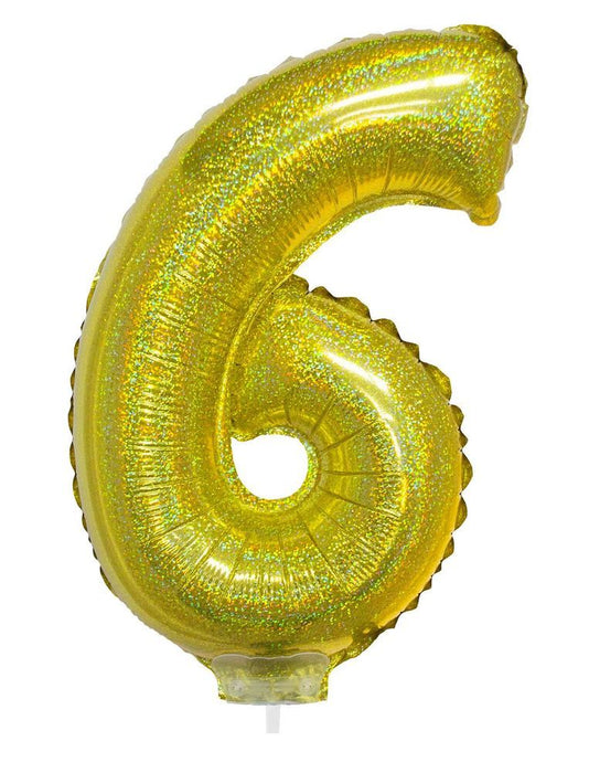 Zahlen Folienballon 41 cm mit Stab - Holografisch Gold Zahl 6