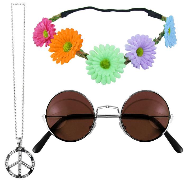 Hippie Set 3-tlg. - Margeriten Haarband, Peace Kette Lennon Brille | Bunt mit brauner Brille