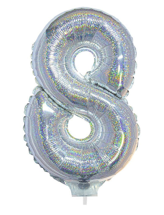 Zahlen Folienballon 41 cm mit Stab - Holografisch Silber Zahl 8