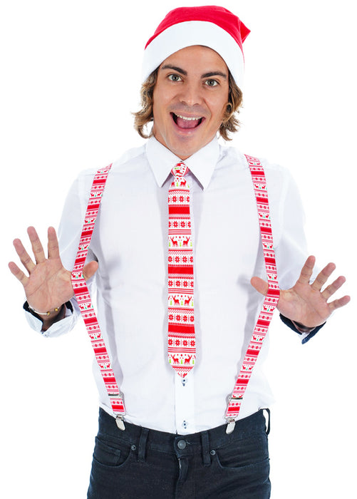 Weihnachts-Set "Ugly" - 3-tlg. - Hosenträger Krawatte Mütze - Rot Weiß