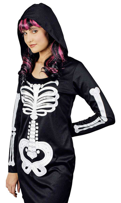 Skelett Kleid mit Kapuze für Damen - Geisterkostüm