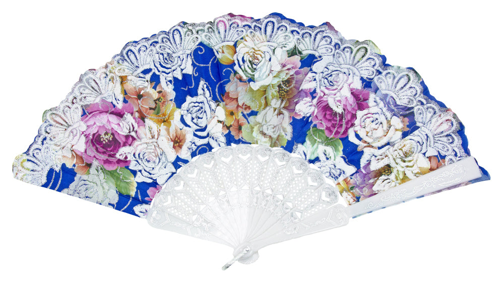 Glitzer Handfächer mit Rosen - Weiß / Blau