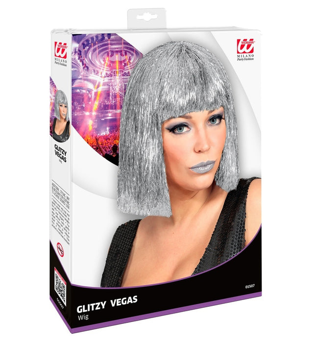 Las Vegas Glitzer Perücke "Glitzy" für Damen | Silber
