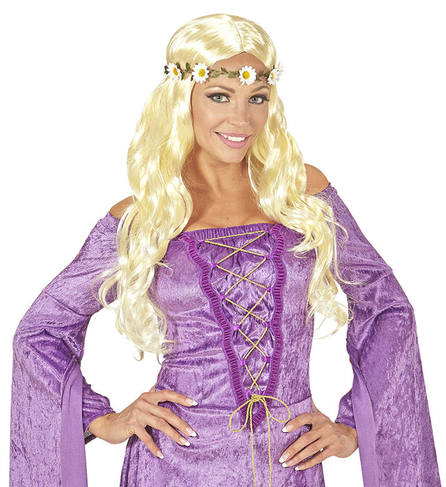 Hippie Langhaar Locken Perücke "Maike" mit Blumen Stirnband | Blond