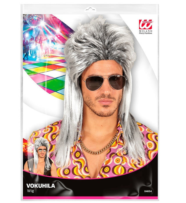 80er Jahre Rockstar Vokuhila Perücke für Herren - Silbergrau