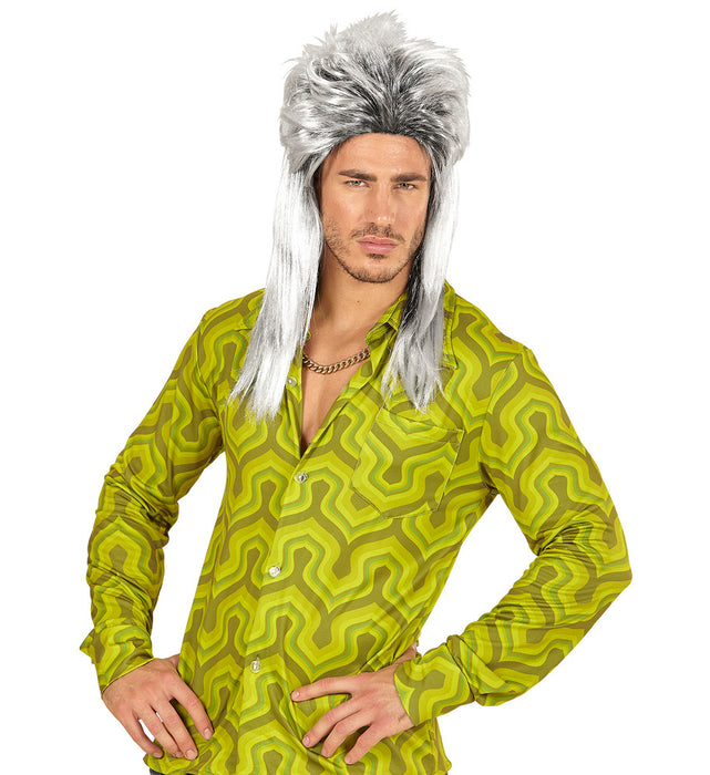 80er Jahre Rockstar Vokuhila Perücke für Herren - Silbergrau