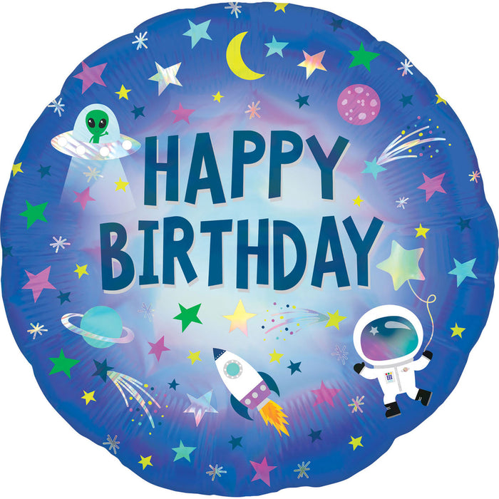 ABC18 Folienballon "Happy Birthday - Weltraum" Außerirdischer Holo | Ø 45 cm Blau