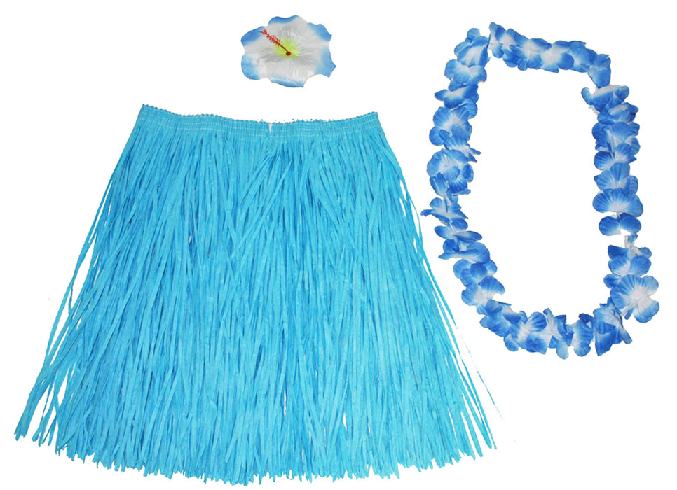 Hawaii Kostüm Set Flower 3-tlg. - Rocklänge 60 cm - Blau