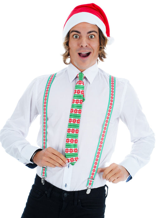 Weihnachts-Set "Ugly" - 3-tlg. - Hosenträger Krawatte Mütze - Grün Rot Weiß
