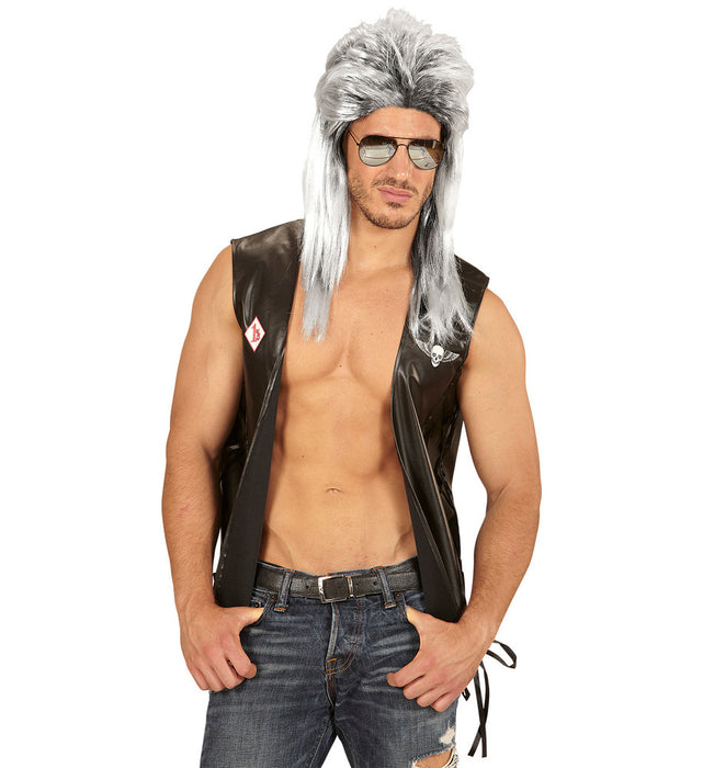 80er Jahre Rockstar Vokuhila Perücke für Herren - Silbergrau