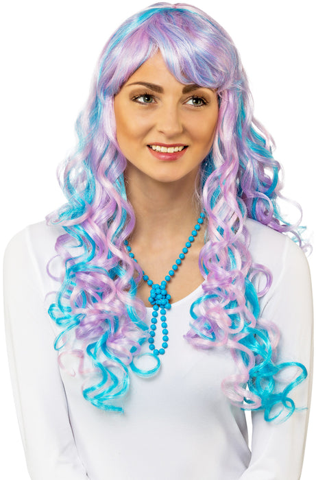 Animé Damen Locken Perücke mit Ansteckhaaren - Türkis Rosa