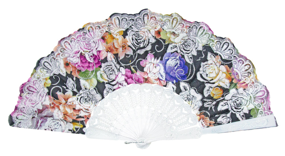 Glitzer Handfächer mit Rosen - Weiß / Schwarz