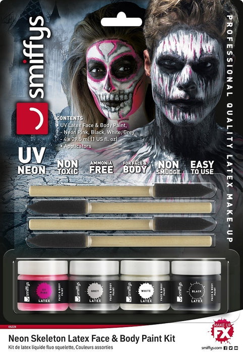 Flüssiglatex Set mit Applikator 4 x 29,5 ml - Neon Skelett