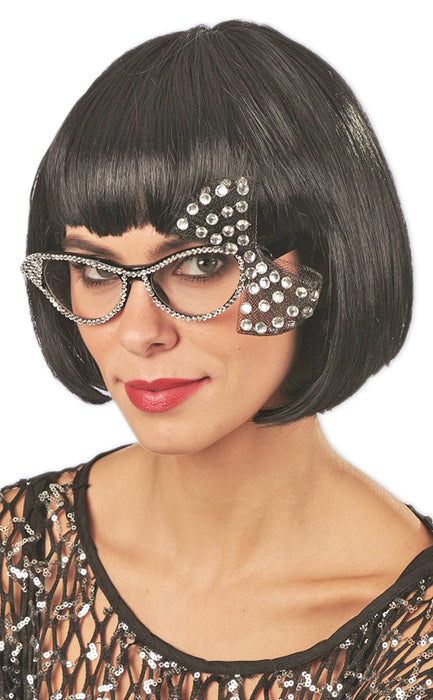 Cat Eye Brille mit Strass und Schleife - Schwarz Kristall