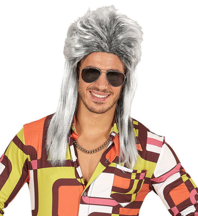 80er Jahre Rockstar Vokuhila Perücke für Herren - Silbergrau