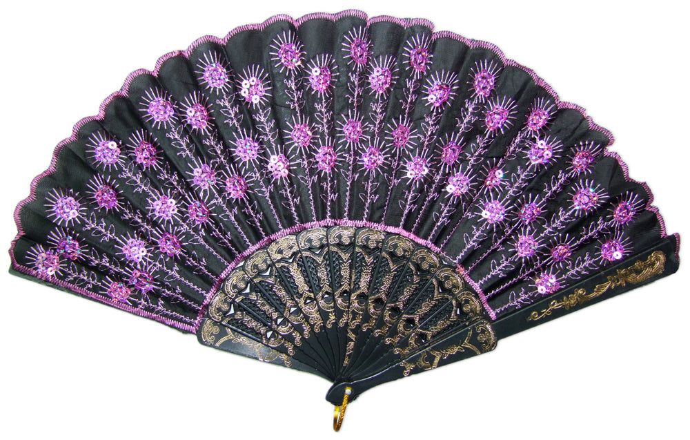 Barock Fächer mit Glitzer Pailletten Schwarz Rosa