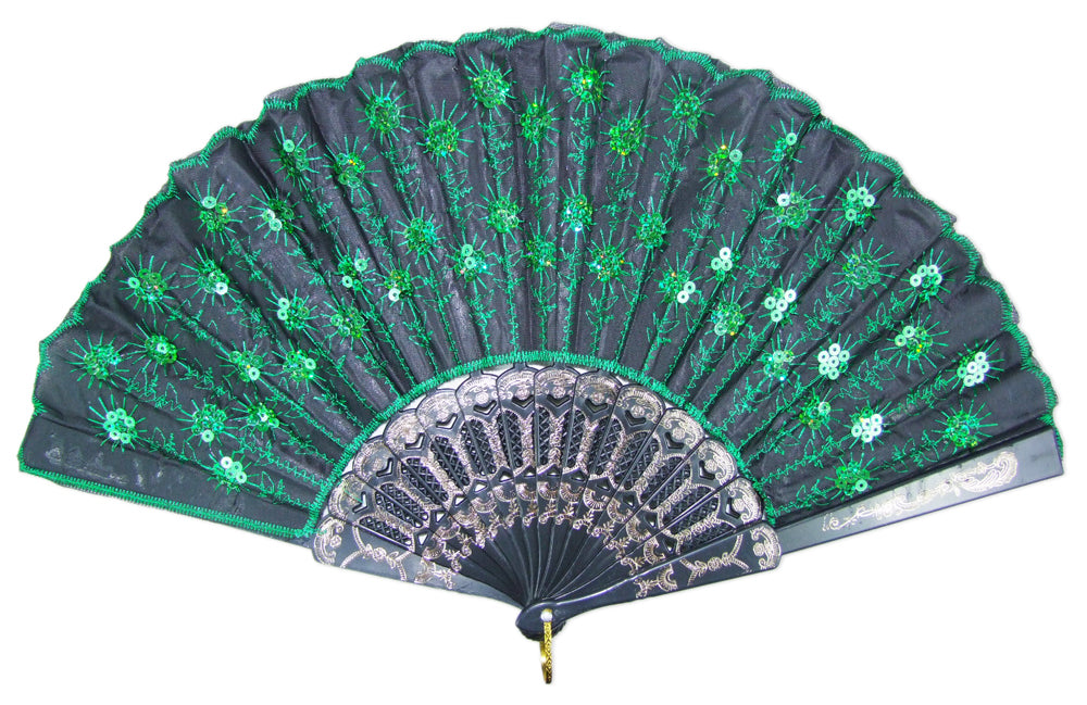 Barock Fächer mit Glitzer Pailletten Schwarz Grün
