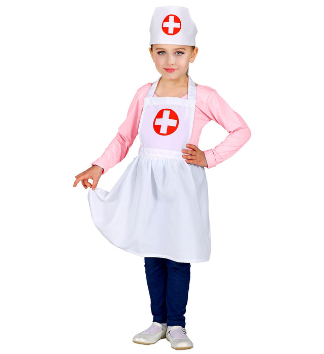 Kinderkostüm Krankenschwester mit Schürze und Haube | Weiß Rot