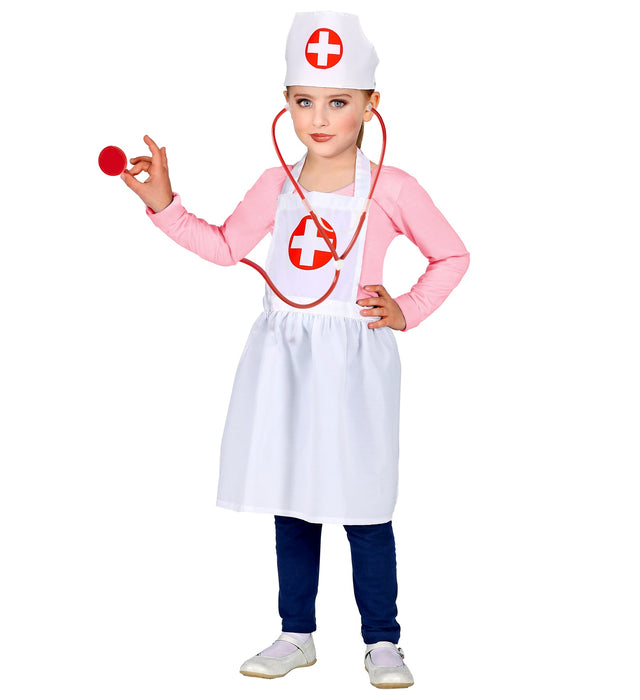 Kinderkostüm Krankenschwester mit Schürze und Haube | Weiß Rot