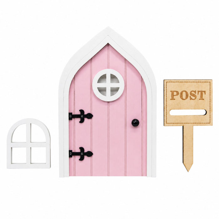 Weihnachtsdekoration Elfentür aus Holz mit Fenster und Briefkasten Pink / Grau / Grün | 10 x 15 cm