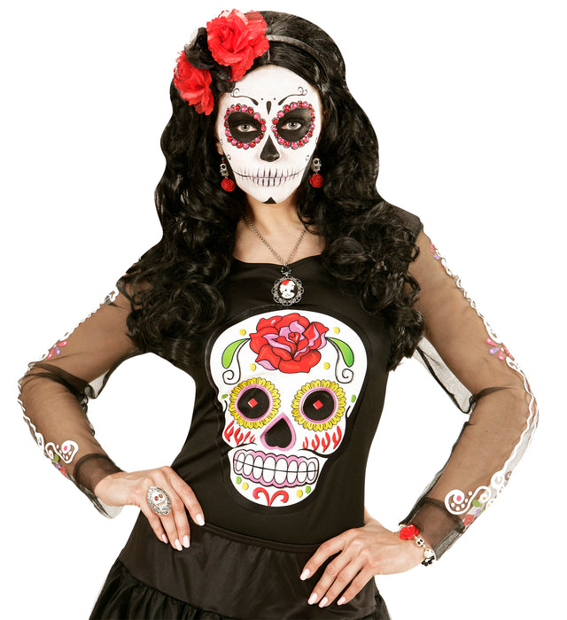 Day of the Dead Ohrringe "Totenkopf und Rose" | Schwarz Rot