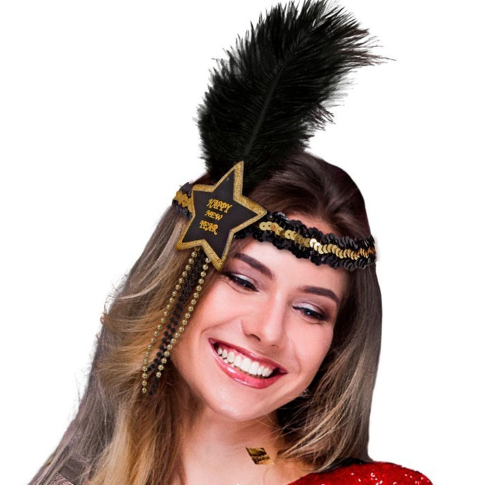 Haarband mit Stern Happy New Year und Feder | Gold Schwarz