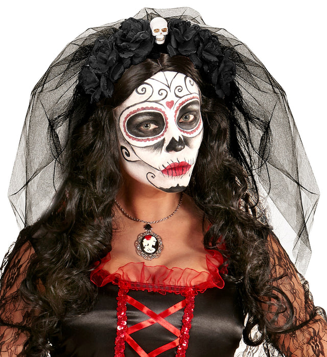Geisterbraut Haarreif mit Schleier, Blumen und Totenkopf | Schwarz - Day of the Dead