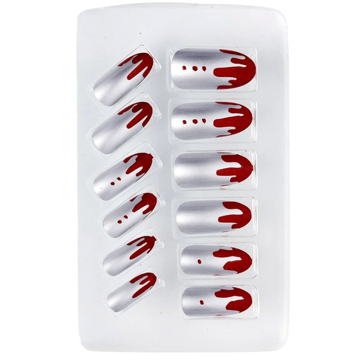 Set von 12 selbstklebenden Fingernägeln | Silber Metallic mit Blut