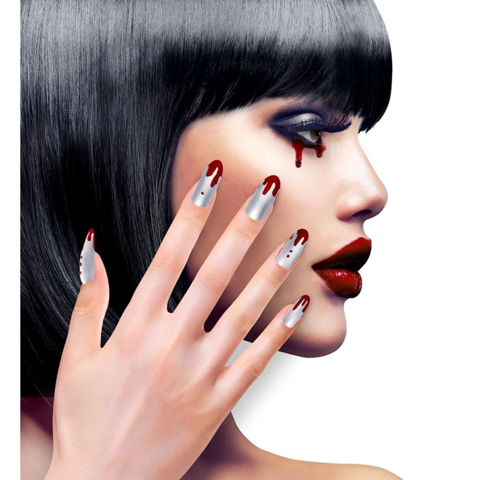 Set von 12 selbstklebenden Fingernägeln | Silber Metallic mit Blut