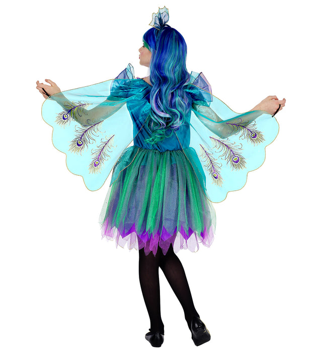 Pfau Kinderkostüm - Glitzer Kleid mit Flügeln | Türkis Lila