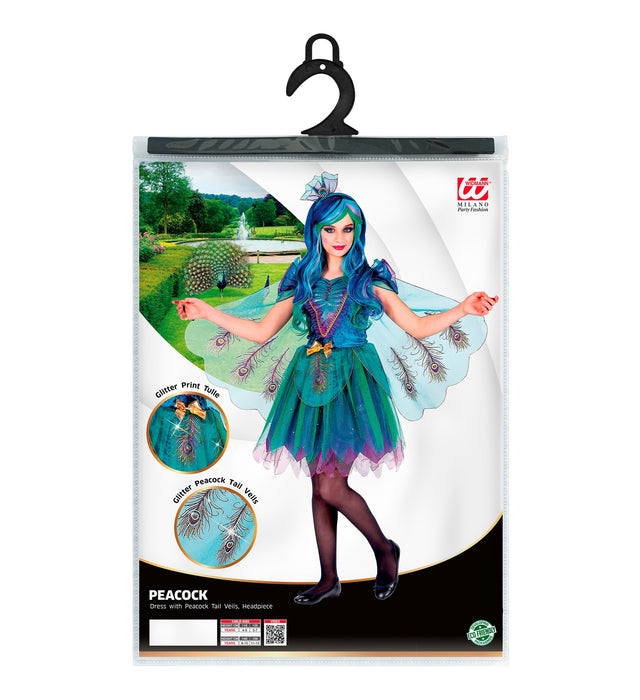 Pfau Kinderkostüm - Glitzer Kleid mit Flügeln | Türkis Lila