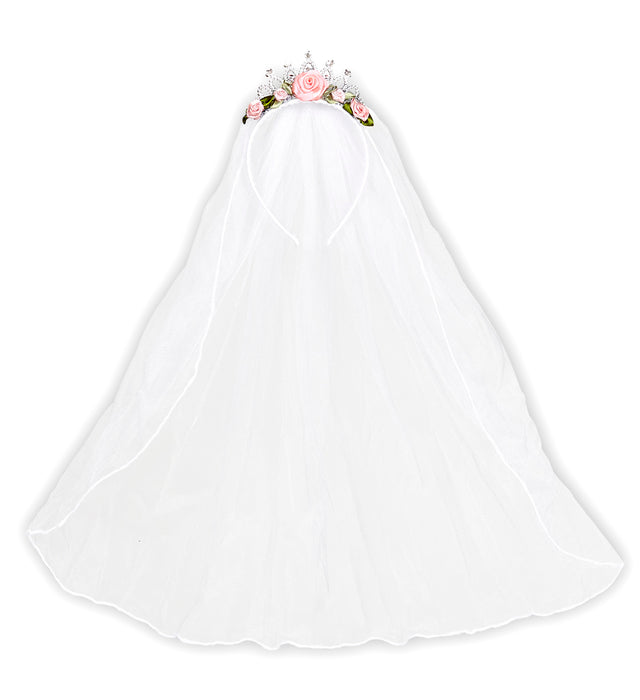Tiara mit Brautschleier und Rosen - Kopfschmuck 07063 | Weiß Rosa