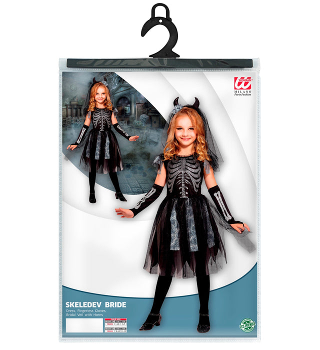 Teufelsbraut Kinderkostüm - Skelett Kleid mit Schleier | Grau Schwarz