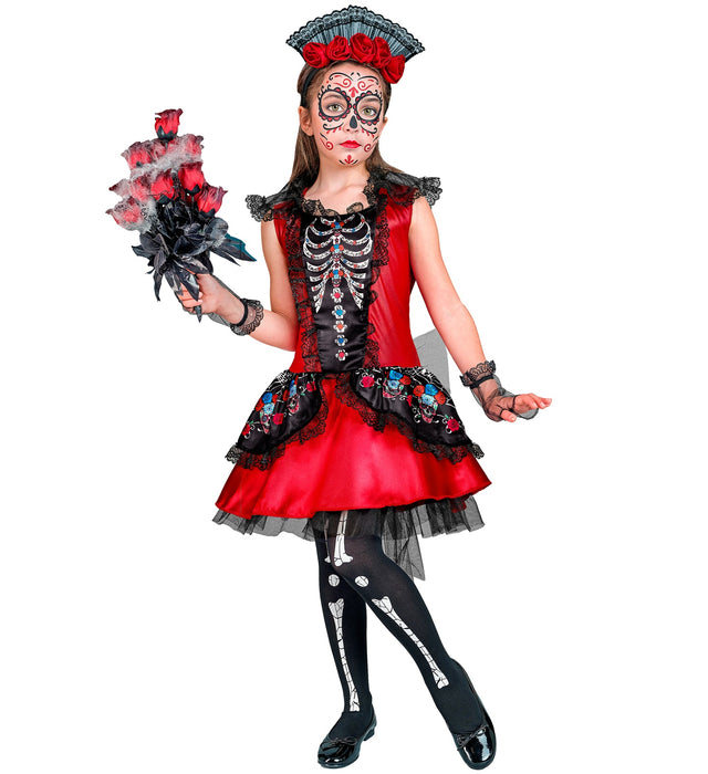 Dia de los Muertos Kinderkostüm - Skelett Kleid mit Haarreif | Rot