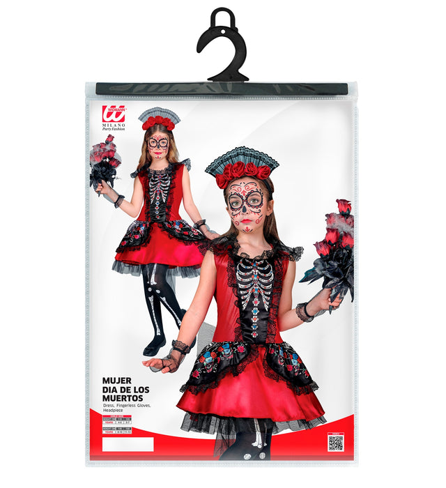 Dia de los Muertos Kinderkostüm - Skelett Kleid mit Haarreif | Rot