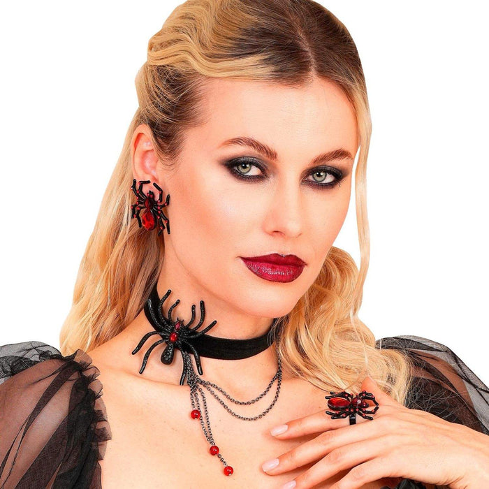 Spinnenring mit Edelstein & Strass | Schwarz Rot
