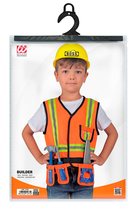 Bauarbeiter Kostüm für Kinder | Orange - Weste Helm Werkzeug