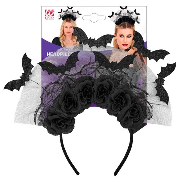 Halloween "Haarreif mit Fledermäusen & Rosen" | Schwarz/Weiß