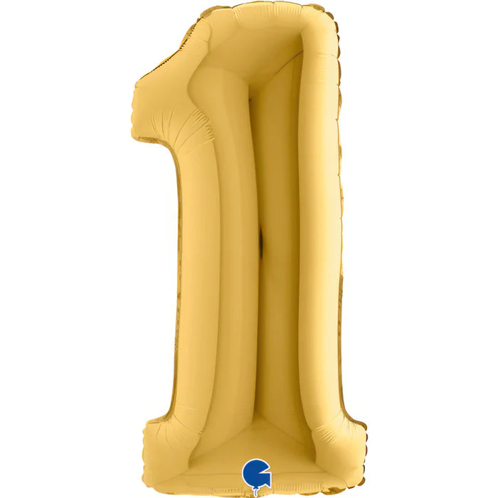 Goldener Folienballon in Form der Zahl 1. Darunter der Text: ‚Zahlenballons‘. Link führt zur Shop-Kategorie für Zahlenballons