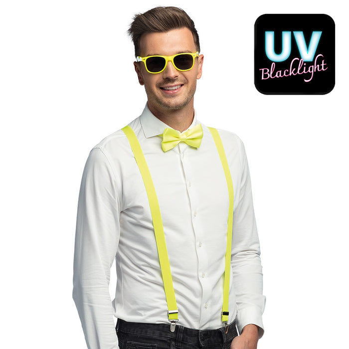 Partyset Hosenträger, Brille und Fliege | Neon Gelb