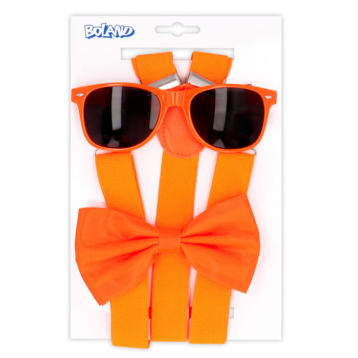 Partyset Hosenträger, Brille und Fliege | Neon Orange