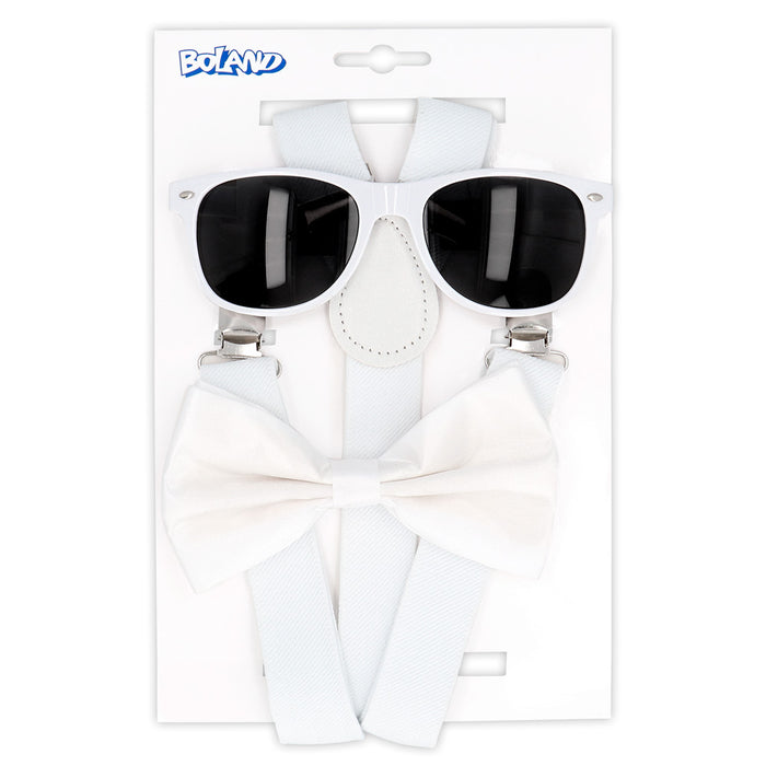 Partyset für Erwachsene | Weiß  - Hosenträger, Brille und Fliege