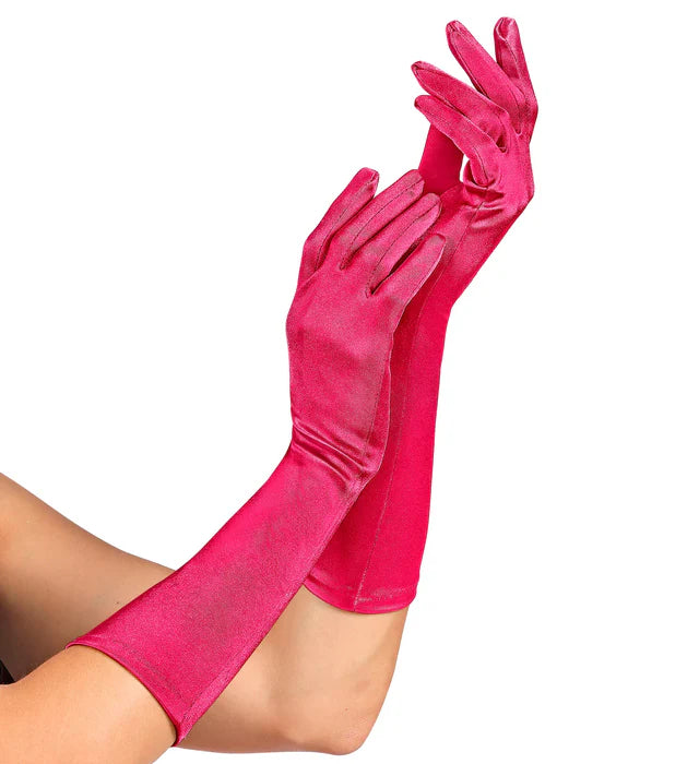 Person zieht pinke lange Handschuhe an. Text: ‚Handschuhe‘. Link führt zur Kategorie für Kostümhandschuhe