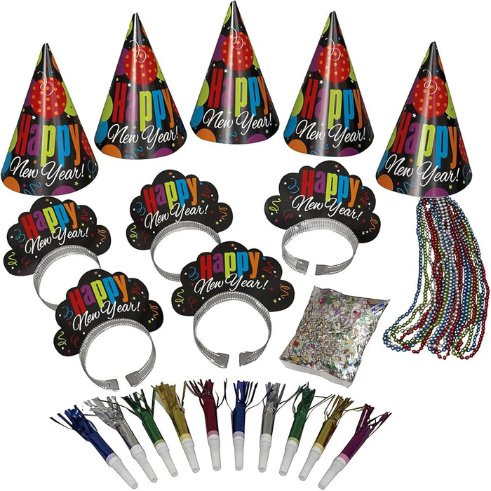 Party Set "Happy New Year!" | für 10 Personen - 31-teilig | Hüter Tiaras Ketten Tröten Konfetti