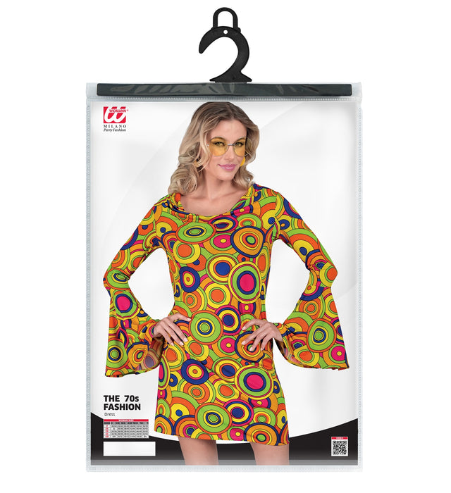 70er Jahre Damen Kleid "Yellow Circles" | Mehrfarbig - Kostüm Hippie