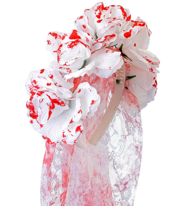 Halloween "Blutiger Brautschleier" | Weiß Rot - Haarreif mit Blumen